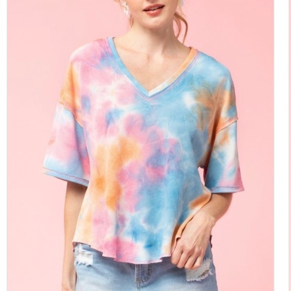 🍭TIE DYE BLUE MULTI WAFFLE KNIT TOP - Picture 2 of 8